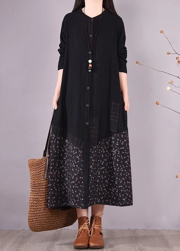 Elegant Black Patchwork Print Tunic O Neck Pockets Maxi Spring Dresses Relaxed Women's Beachy Elegant Black Patchwork Print Tunic O Neck Pockets Maxi Spring Dresses Relaxed Women's Beachy