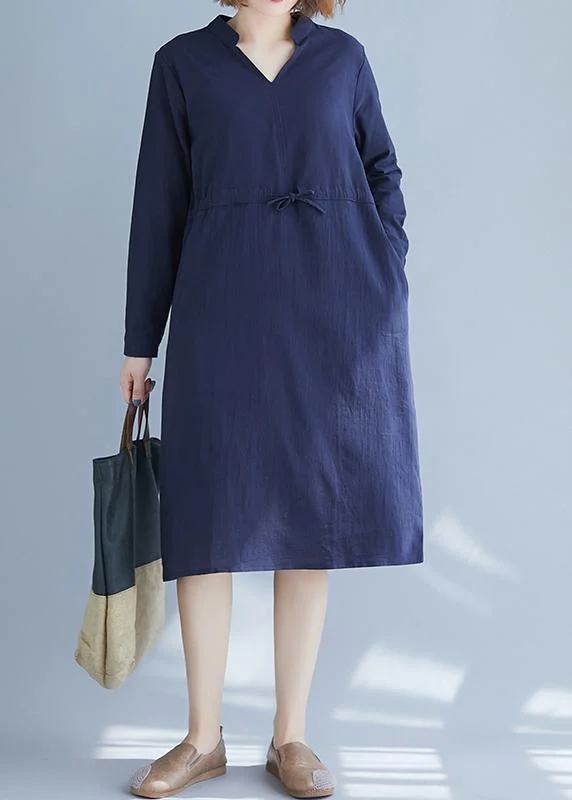Elegant Blue Clothes For Women V Neck Drawstring Vestidos De Lino Spring Dresses Modern Women's Elegant Blue Clothes For Women V Neck Drawstring Vestidos De Lino Spring Dresses Modern Women's