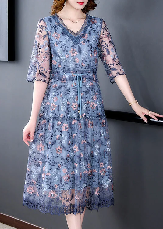 Elegant Blue V Neck Embroideried Ruffled Tie Waist Tulle Long Dresses Half Sleeve Casual Women's Loose - fitting Elegant Blue V Neck Embroideried Ruffled Tie Waist Tulle Long Dresses Half Sleeve Casual Women's Loose - fitting