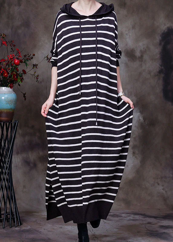 Elegant coffee drawstring Hooded Striped Knit Long Dresses Spring Sporty Women's Tennis Elegant coffee drawstring Hooded Striped Knit Long Dresses Spring Sporty Women's Tennis
