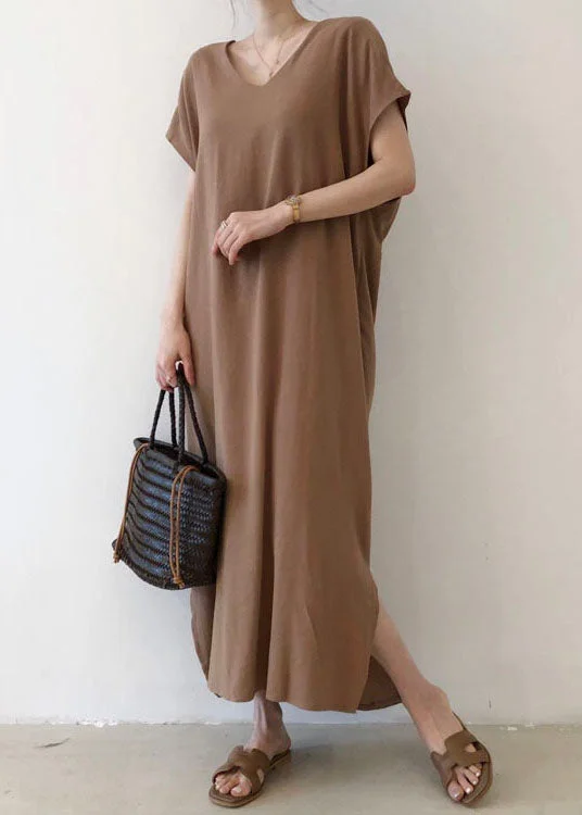 Elegant Coffee Side Open Cotton Short Sleeve Long Dresses Traditional Women's Wool