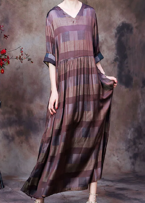 Elegant Coffee V Neck Plaid Wrinkled Long Dresses Long Sleeve Laid - back Women's Vibe Elegant Coffee V Neck Plaid Wrinkled Long Dresses Long Sleeve Laid - back Women's Vibe