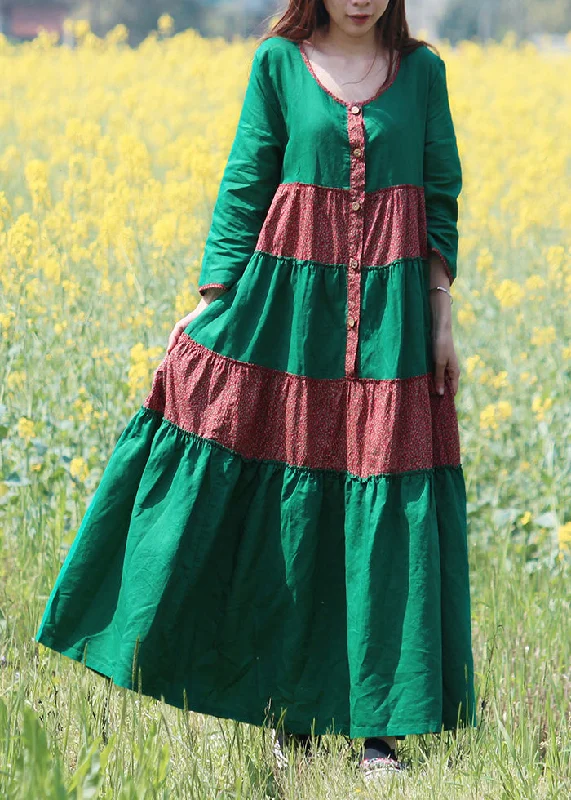 Elegant Green O-Neck Button Patchwork Vacation Dresses Long Sleeve Cool Women's Distressed Elegant Green O-Neck Button Patchwork Vacation Dresses Long Sleeve Cool Women's Distressed