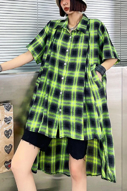 Elegant Green Plaid Cotton Buttonlow high design Summer Maxi Dresses Bold Women's Animal Print Elegant Green Plaid Cotton Buttonlow high design Summer Maxi Dresses Bold Women's Animal Print