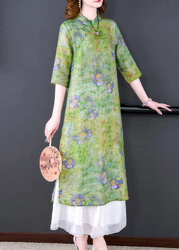 Elegant Green Stand Collar Print Side Open Button Silk Long Dresses Summer Tough Women's Military - inspired Elegant Green Stand Collar Print Side Open Button Silk Long Dresses Summer Tough Women's Military - inspired
