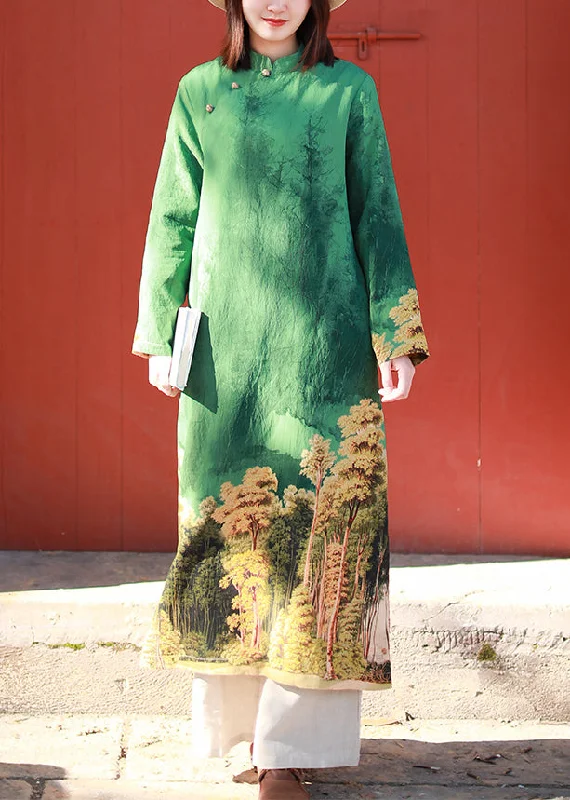 Elegant Green Stand Collar side open Print Dresses Long Sleeve Refined Women's Hand - crafted Elegant Green Stand Collar side open Print Dresses Long Sleeve Refined Women's Hand - crafted