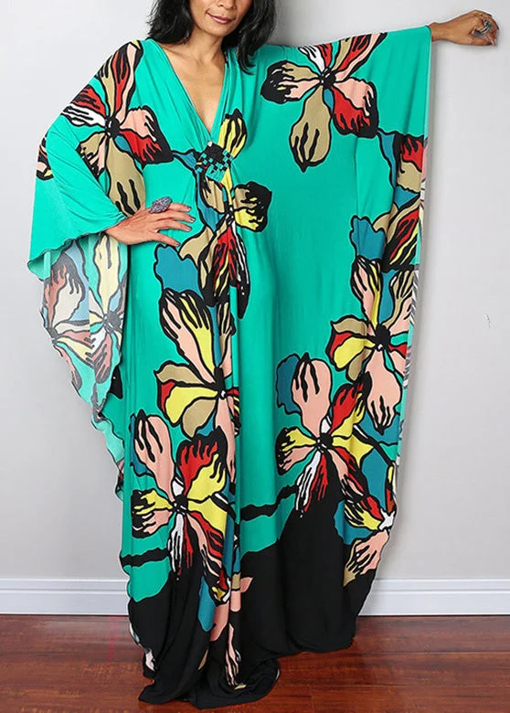 Elegant Green V Neck Print Beach Long Dresses Batwing Sleeve Dynamic Women's High - energy Elegant Green V Neck Print Beach Long Dresses Batwing Sleeve Dynamic Women's High - energy