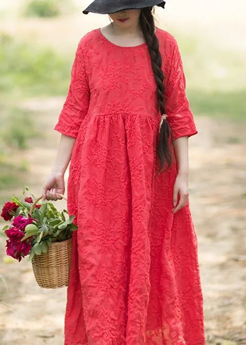 Elegant O Neck Half Sleeve Summer Outfit Neckline Red Embroidery Robes Dresses Practical Women's Quick - dry Elegant O Neck Half Sleeve Summer Outfit Neckline Red Embroidery Robes Dresses Practical Women's Quick - dry