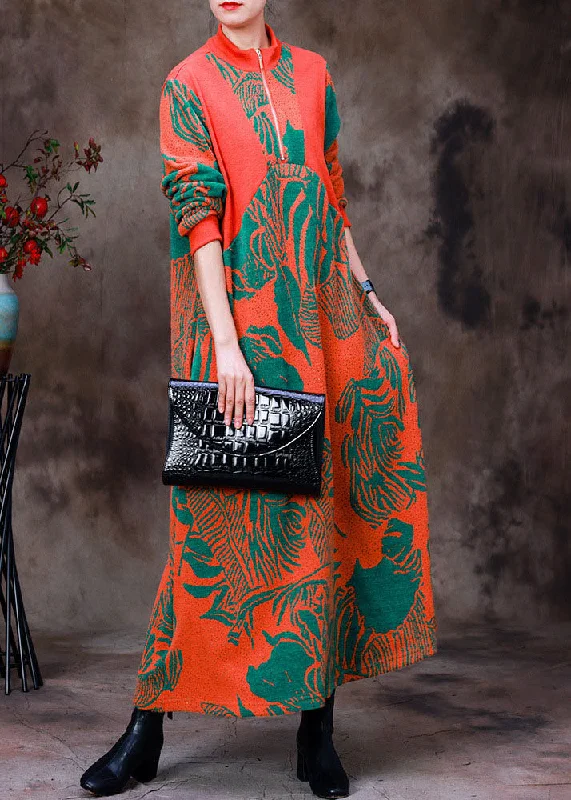 Elegant Orange Stand Collar Zip Up Jacquard Knit Robe Dresses Long Sleeve Sophisticated Women's Tailored Elegant Orange Stand Collar Zip Up Jacquard Knit Robe Dresses Long Sleeve Sophisticated Women's Tailored