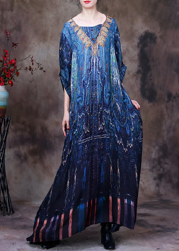 Elegant Peacock Blue V Neck Print Side Open Button Silk Long Dresses Summer Earthy Women's Elegant Peacock Blue V Neck Print Side Open Button Silk Long Dresses Summer Earthy Women's