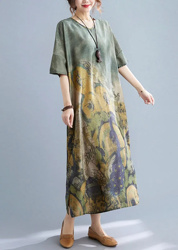 Elegant Peacock Green V Neck Print Side Open Dresses Short Sleeve Sustainable Organic Elegant Peacock Green V Neck Print Side Open Dresses Short Sleeve Sustainable Organic