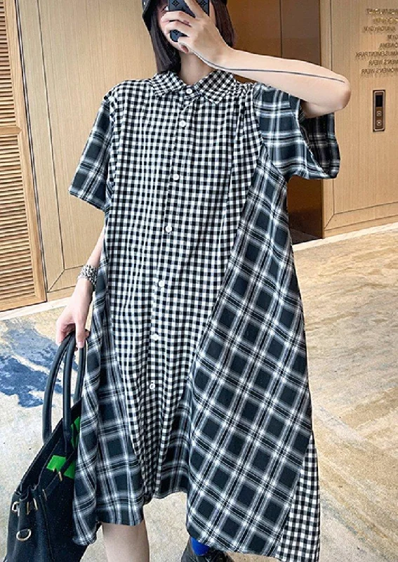 Elegant Plaid Patchwork Cotton Summer Maxi Dresses Cozy Women's Winter