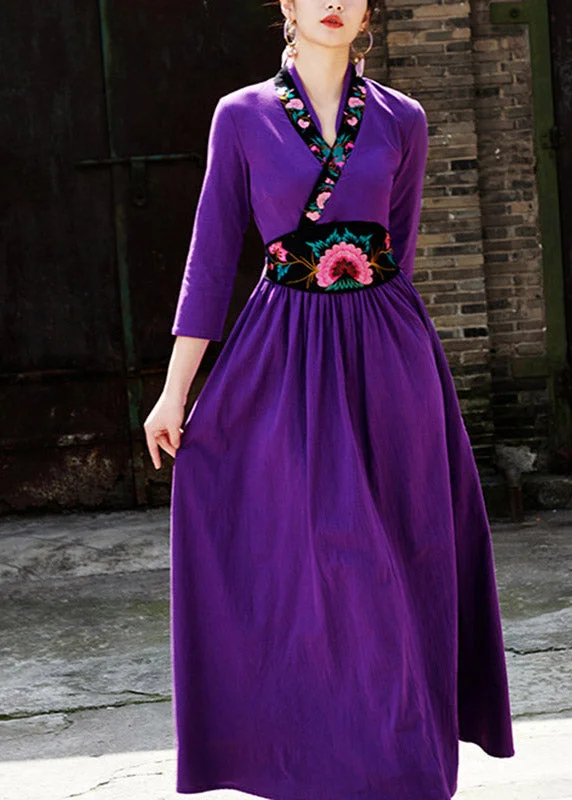 Elegant Purple V Neck Embroideried Floral Zippered Wrinkled Maxi Dresses Fall performance Elegant Purple V Neck Embroideried Floral Zippered Wrinkled Maxi Dresses Fall performance