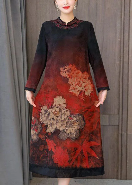 Elegant Red Zip Up Print Silk A Line Dresses Fall Dapper Women's 1920S