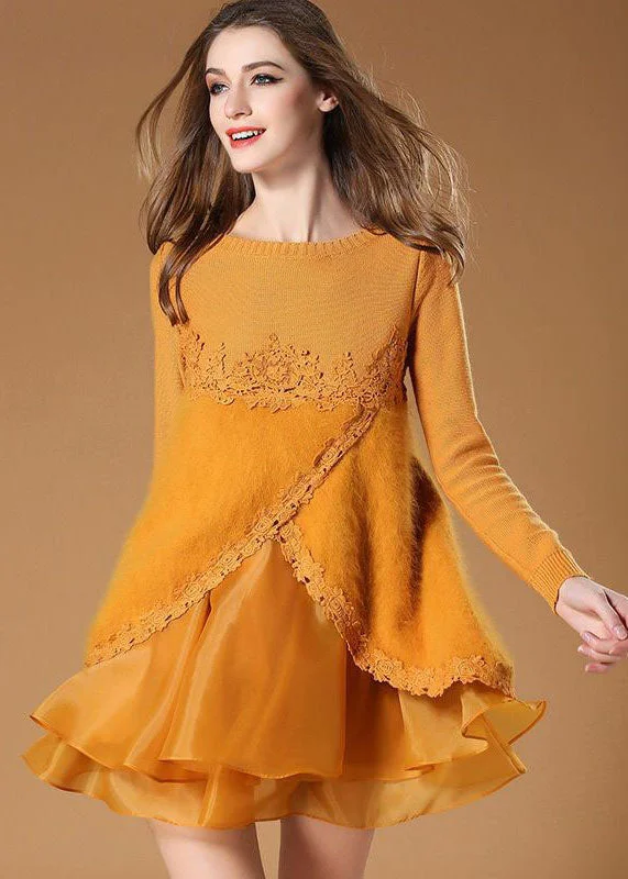 Elegant Yellow Side Open Organza Patchwork Fuzzy Fur Fluffy Mini Dresses Spring Monochromatic All - in - one Elegant Yellow Side Open Organza Patchwork Fuzzy Fur Fluffy Mini Dresses Spring Monochromatic All - in - one