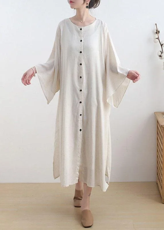 Fashion Beige O-Neck Button Maxi Dresses Fall Cotton Dress Refined Women's 