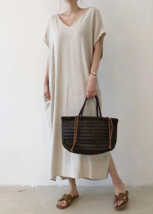 Fashion Beige V Neck Cotton Short Sleeve Long Dresses Practical Women's Multi - 
