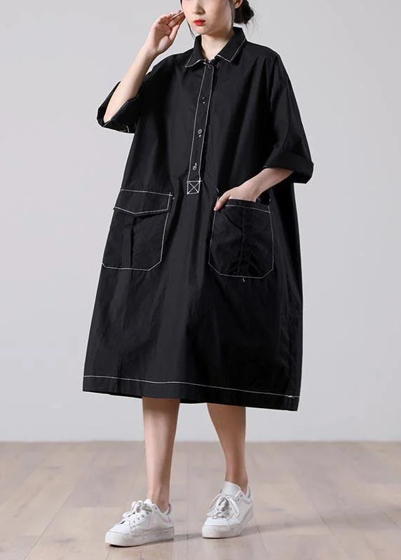Fashion Black Peter Pan Collar Button Cotton Dresses Summer Youthful Women's Pop