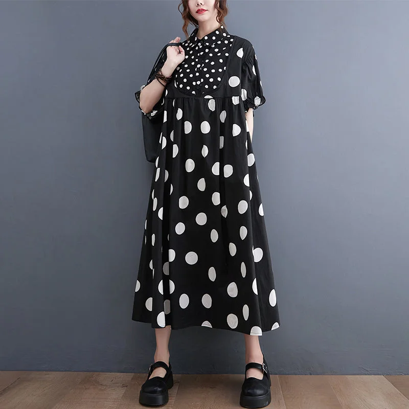Fashion Black Peter Pan Collar wrinkled Dot Patchwork Dresses Short Sleeve Monochromatic Office Style