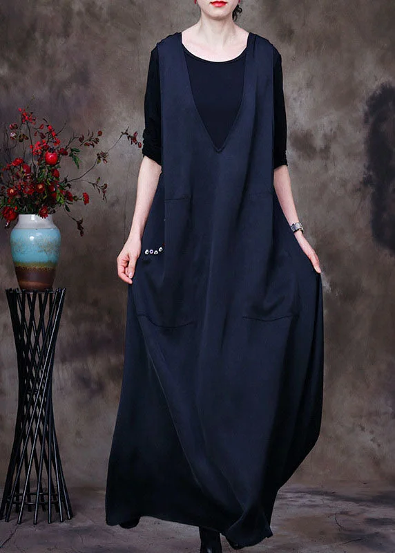 Fashion Black V Neck pockets Silk Maxi Dresses Sleeveless Artistic Women's Avant - 