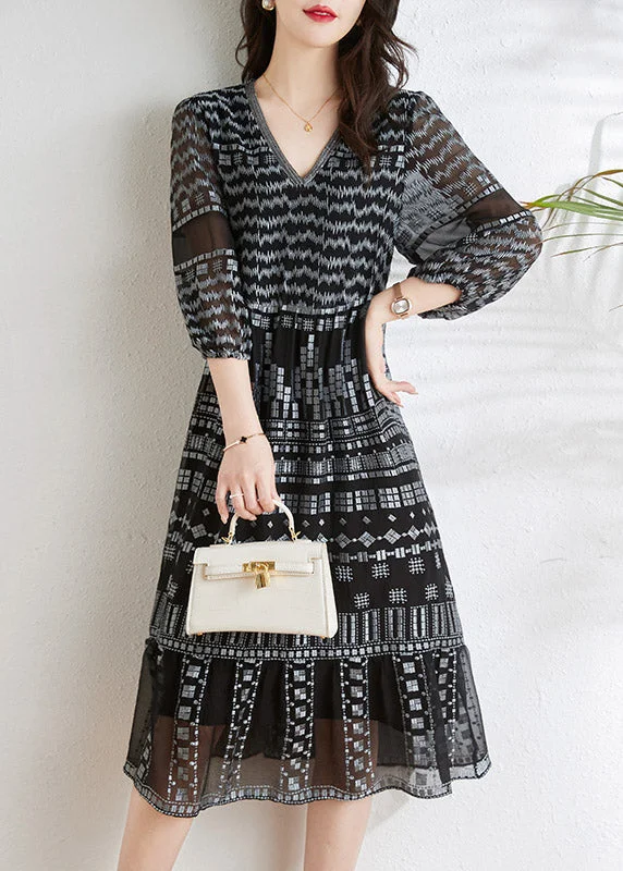 Fashion Black V Neck Print Slim Silk Long Dresses Spring Country