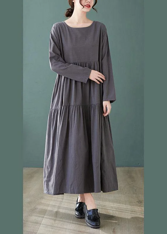 Fashion Grey Loose Pockets wrinkled Fall Vacation Dresses Long sleeve Relaxed Women's 