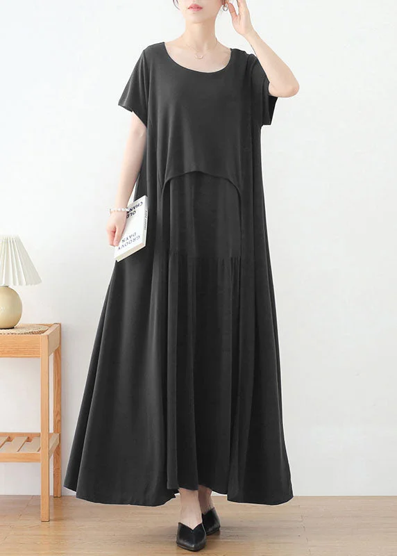 Fashion Grey O-Neck Asymmetrical Design Long Dresses Short Sleeve Contemporary 