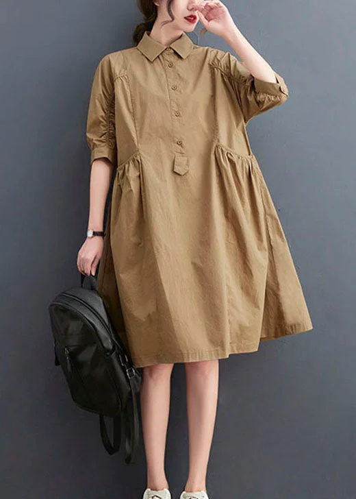 Fashion Khaki Peter Pan Collar Button Cotton Dresses Half Sleeve purpose