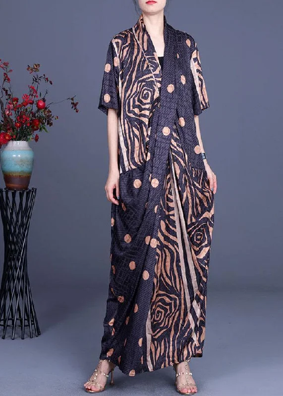 Fashion Khaki Print asymmetrical design Silk Dresses Summer Confident Women's Power