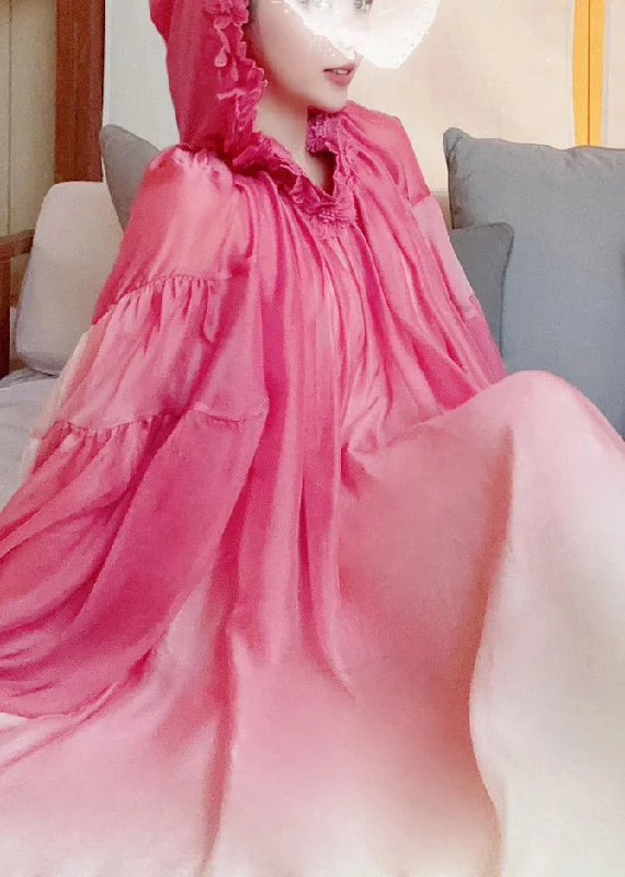 Fashion Pink O-Neck Gradient Color Embroideried Hoold Silk Maxi Dresses Long Sleeve Vacation