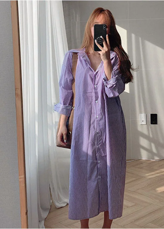 Fashion Purple Peter Pan Collar Striped Cotton Shirt Dresses Spring garde