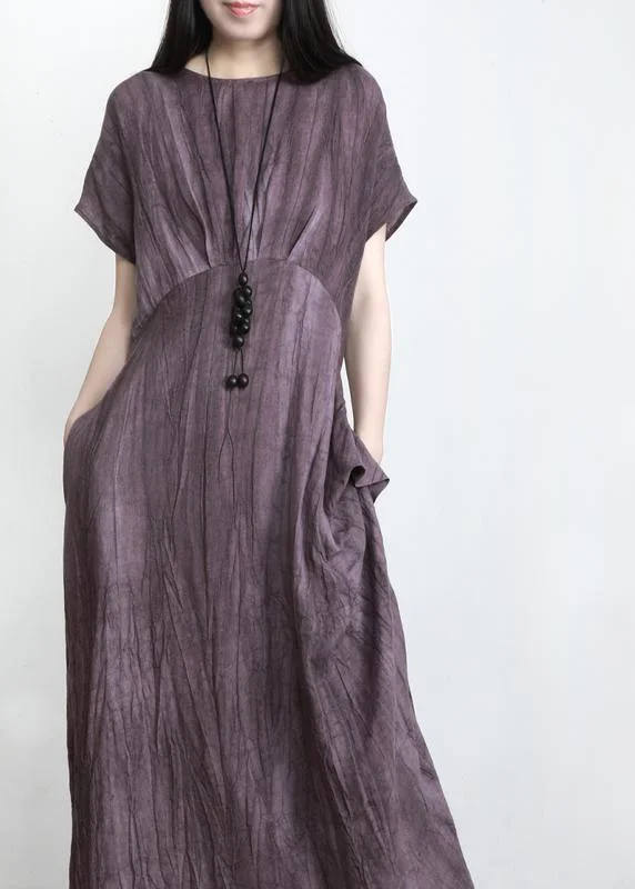 Fashion Purple Pockets Linen Batwing Sleeve Summer Robe Dresses Classic Women's Tweed