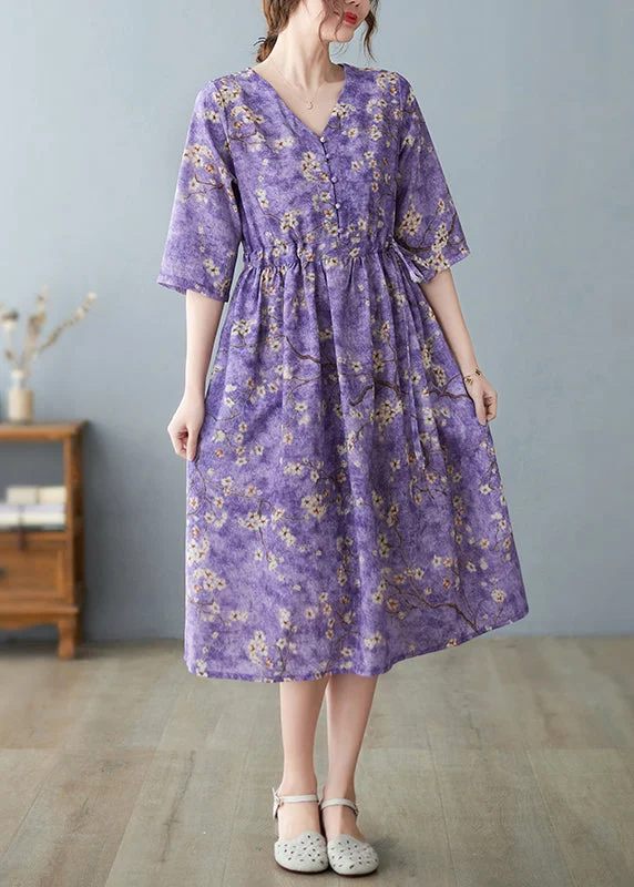 Fashion Purple V Neck drawstring Print Long Dresses Half Sleeve Bold Women's Statement
