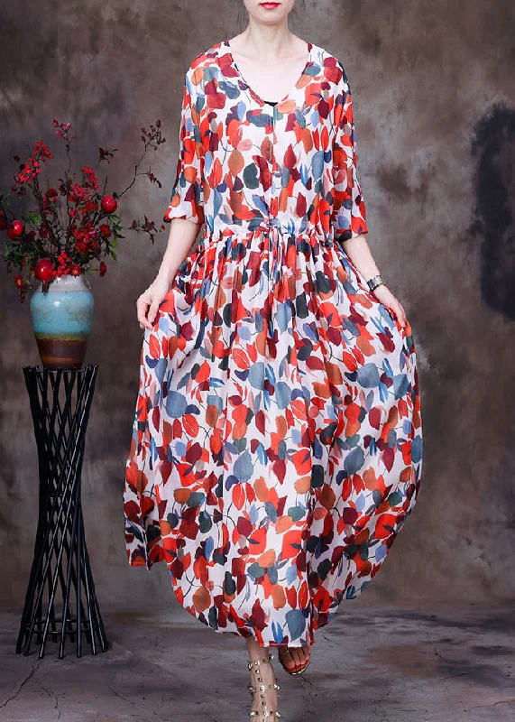 Fashion Red V Neck Print Tie Waist Chiffon Maxi Dresses Half Sleeve Dynamic Women's Moto