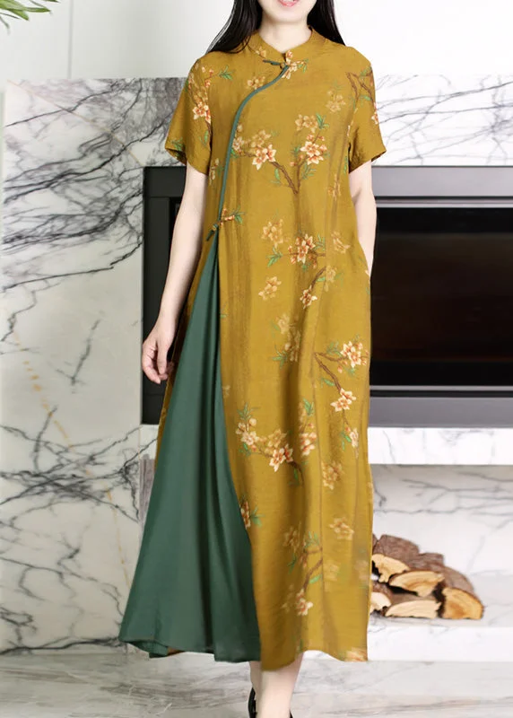 Fashion Yellow Stand Collar Asymmetrical Print Patchwork Button Linen Long Dresses Short Sleeve Traditional Women's 