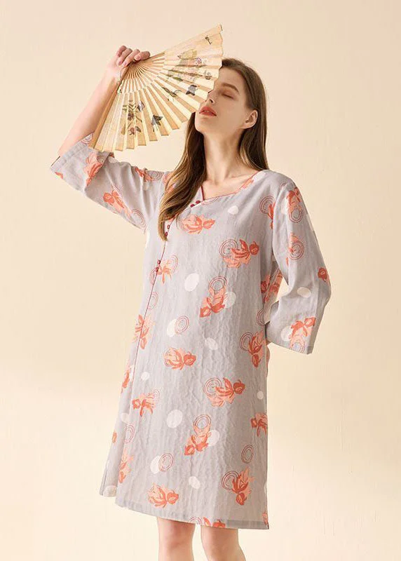 Fine Beige Print Oversized Cotton Mini Dresses Summer Stylish Women's Tropical 