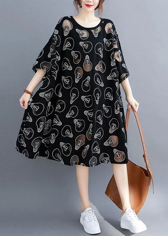 Fine Black O-Neck Loose Summer Jacquard Dresses Half Sleeve French