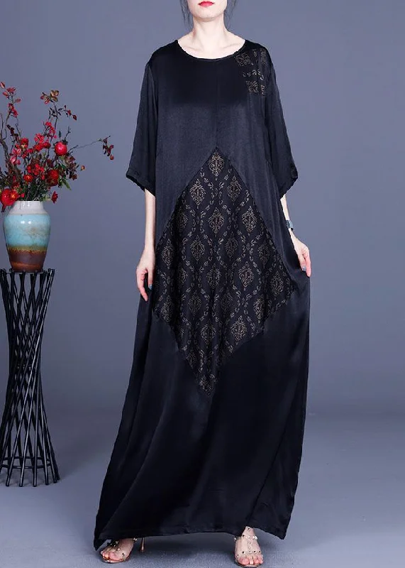 Fine Black Patchwork Print O-Neck Silk Summer Dresses Sharp Women's Italian
