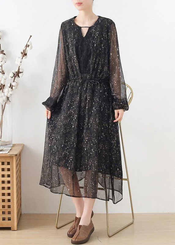 Fine Black Print Chiffon Tie Waist Summer Long Dresses Cool Women's Skate