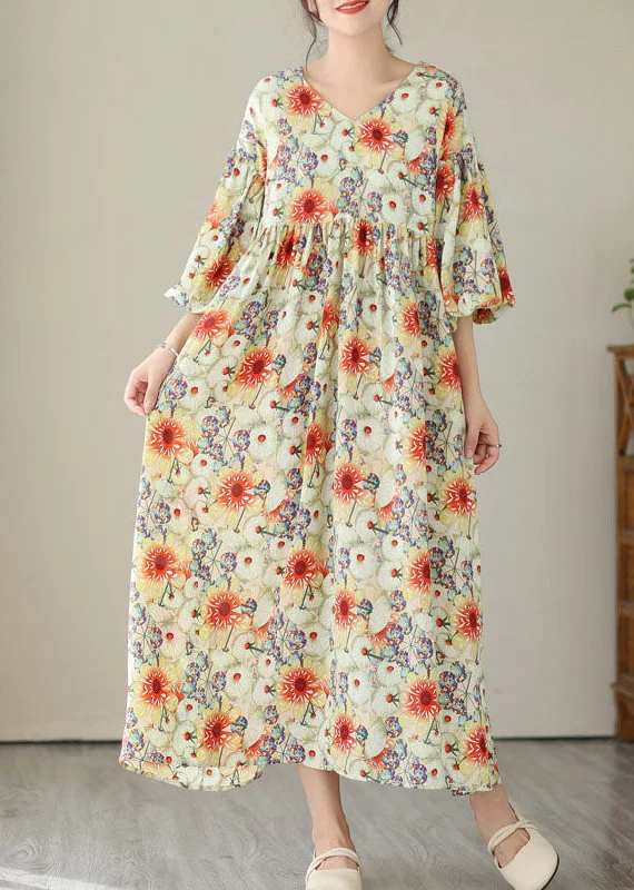 Fine Floral V Neck Wrinkled Patchwork Cotton Long Dresses Summer Hip Women's Retro