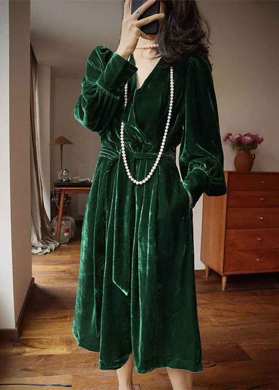 Fine Green V Neck Pockets Exra Large Hem Solid Silk Velour Dresses Long Sleeve Preppy Women's College