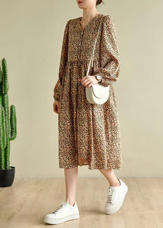 Fine Yellow Green Print Cinched V Neck Vacation Dresses Chiffon Dress Scandinavian