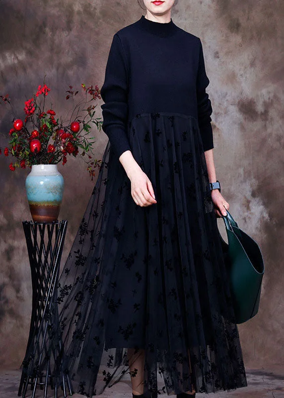Fitted black O-Neck lace Patchwork Knit Vacation Dresses Spring Refined Women's Classic 