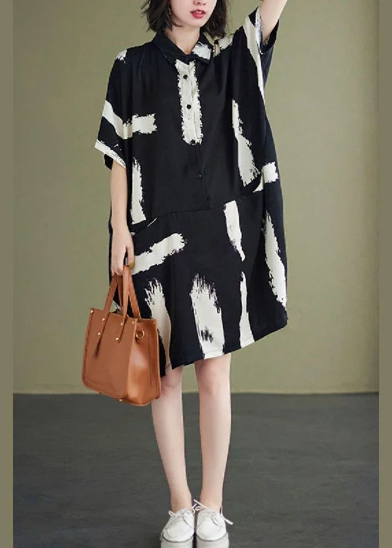 Fitted Black Print Peter Pan Collar Button Pockets Summer Party Dresses Half Sleeve Sophisticated Women's 