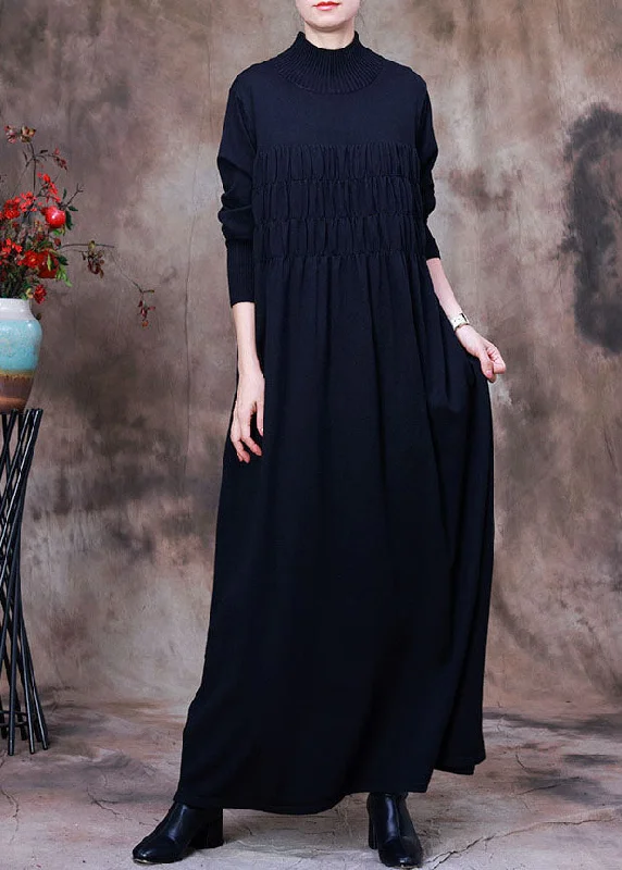 Fitted Black wrinkled Turtle Neck Knit Holiday Dresses Spring Business