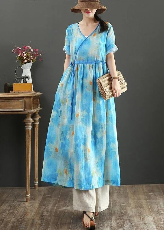 Fitted Blue Print Linen tie waist Summer Vacation Dresses Feminine Women's Style 