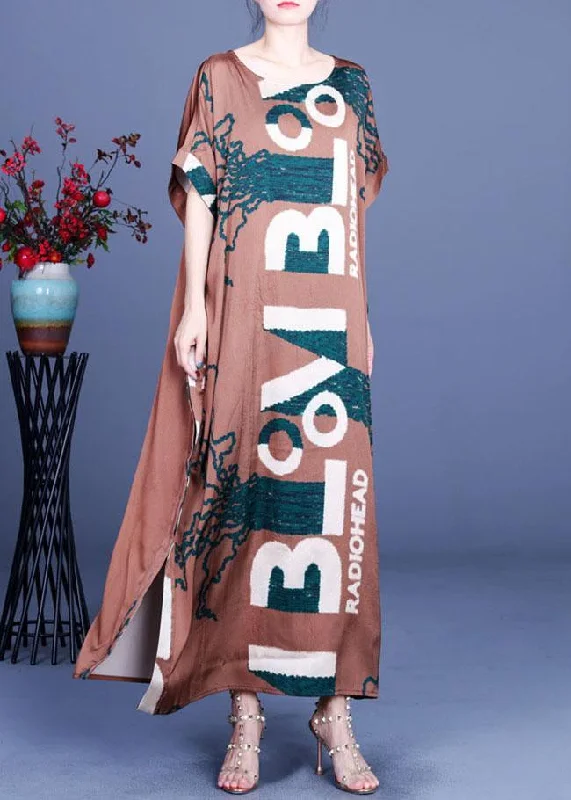 Fitted Chocolate Print Side open Silk Summer Maxi Dresses Laid - back Women's Style