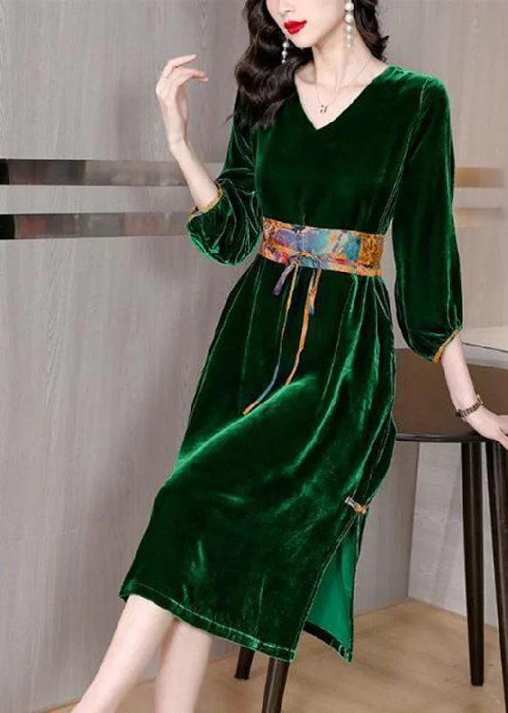 Fitted Green V Neck Side Open Silk Velour Cinch Dresses Fall Women