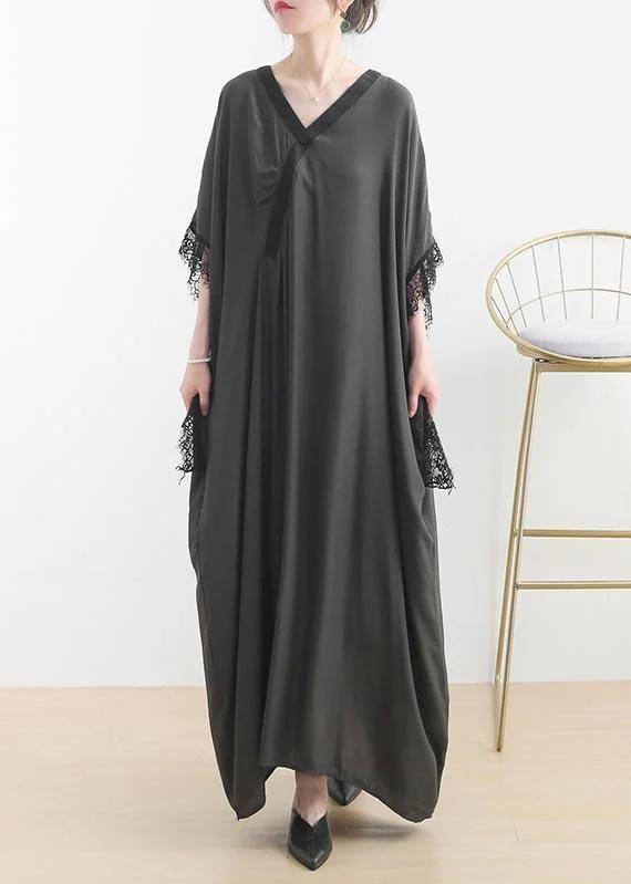 Fitted Grey Green V Neck Batwing Sleeve Vacation Dresses Summer Chiffon Dress Street