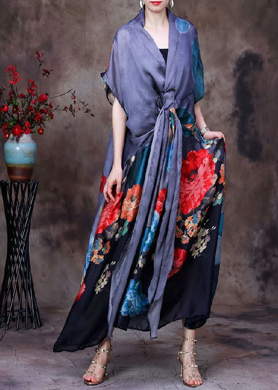 Fitted Grey V Neck Asymmetrical Print Silk Maxi Dresses Two Piece Set Women Clothing Short Sleeve Rugged Women's Outdoor 